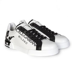 Dolce and Gabbana men’s white sneakers with black patent leather crown heel